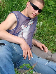 Naughty outdoor enthusiast Hubert playing with his cock on a green meadow