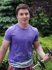 Keaton works his biceps and then his love muscle.
